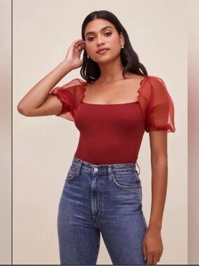 ASTR The Label Darling Mesh Puff Sleeve Bodysuit Size Small